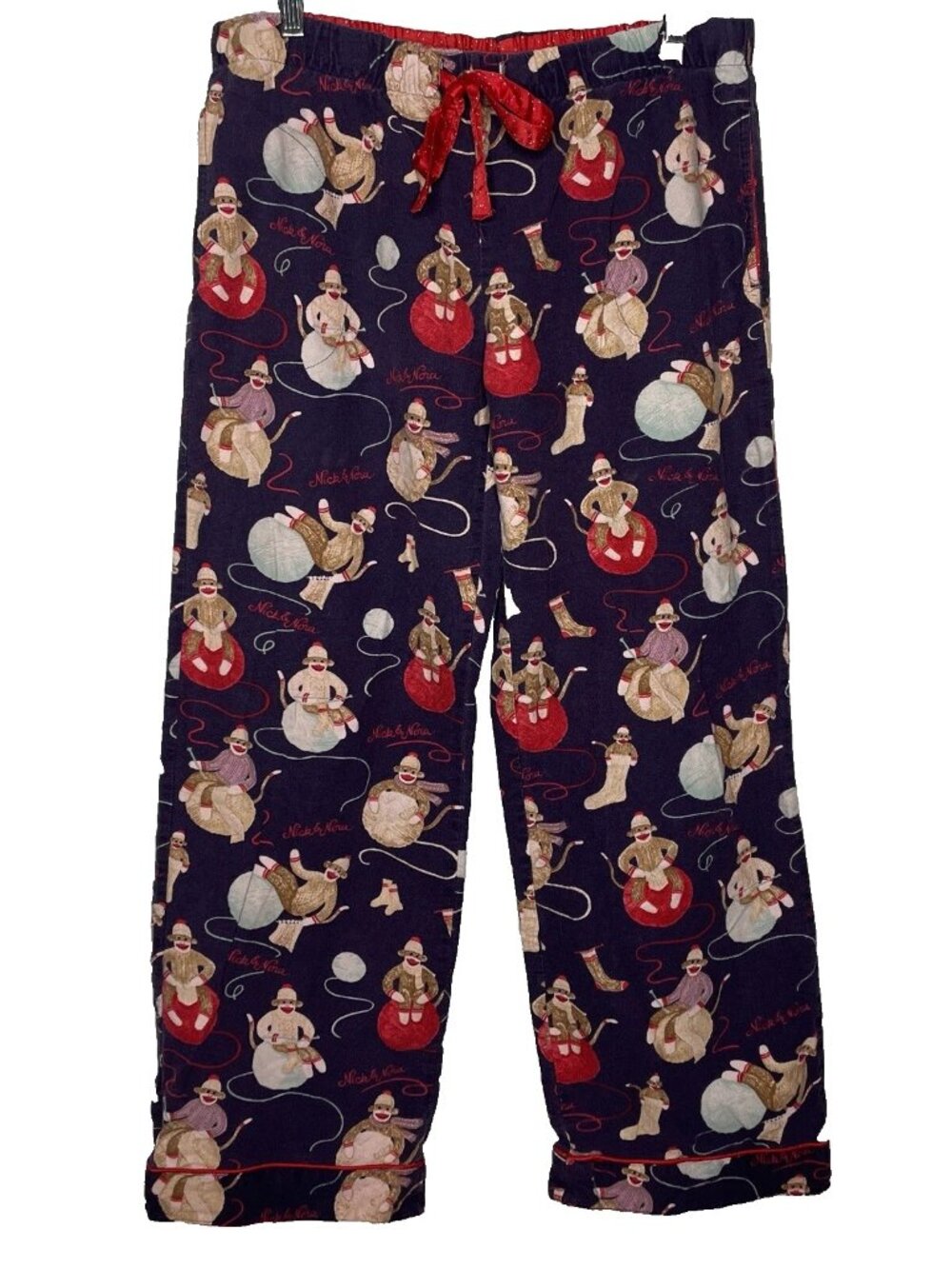 Nick & Nora Purple Flannel Pajama Lounge Pants Size S Sock Monkeys Knitting Yarn